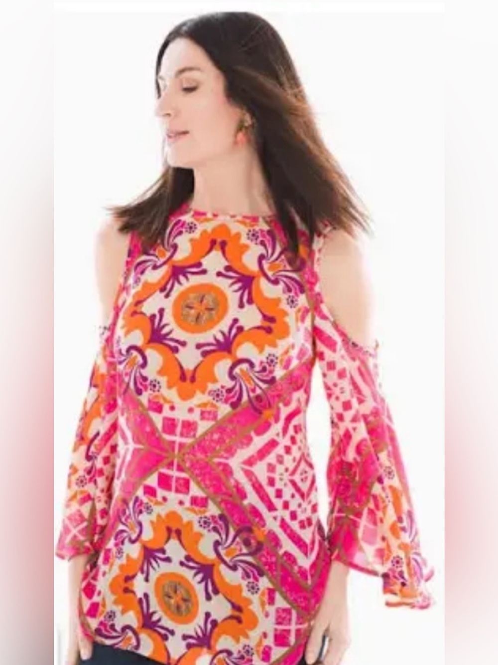 Chico's Cold Shoulder Hot Pink/Orange 3/4 Bell Sleeve Blouse. Size 1 (M)